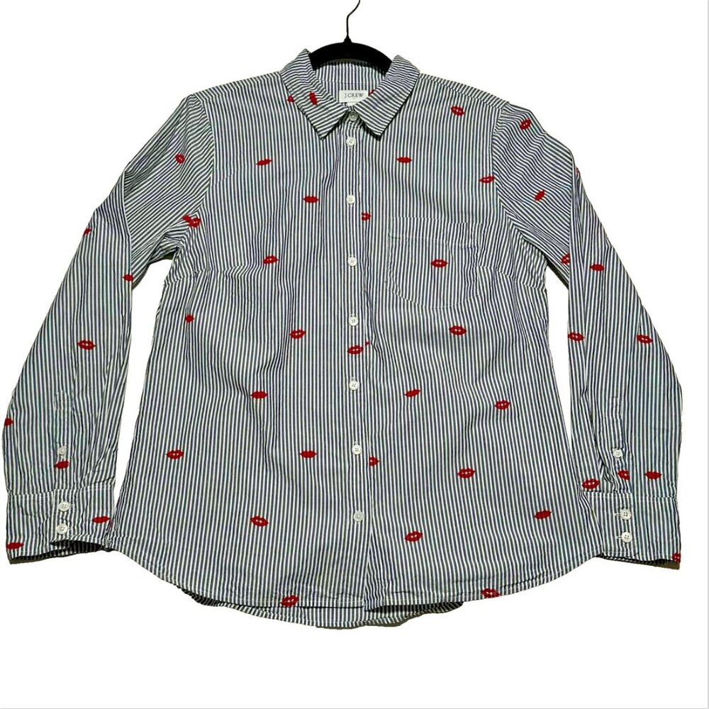J.Crew Striped Button Front Shirt Red Lips Kiss Detail 100% Cotton Women M